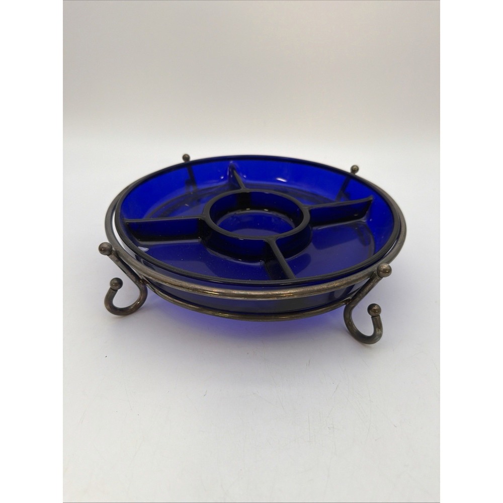 Cobalt Blue Divided Dish France 9.75 Inch with Godinger Silver Plated Stand NICE